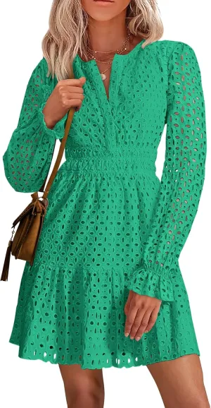 PRETTYGARDEN Women's 2025 Long Sleeve Mini Dress Eyelet V Neck A Line Casual Elegant Holiday Wedding Guest Party Dresses