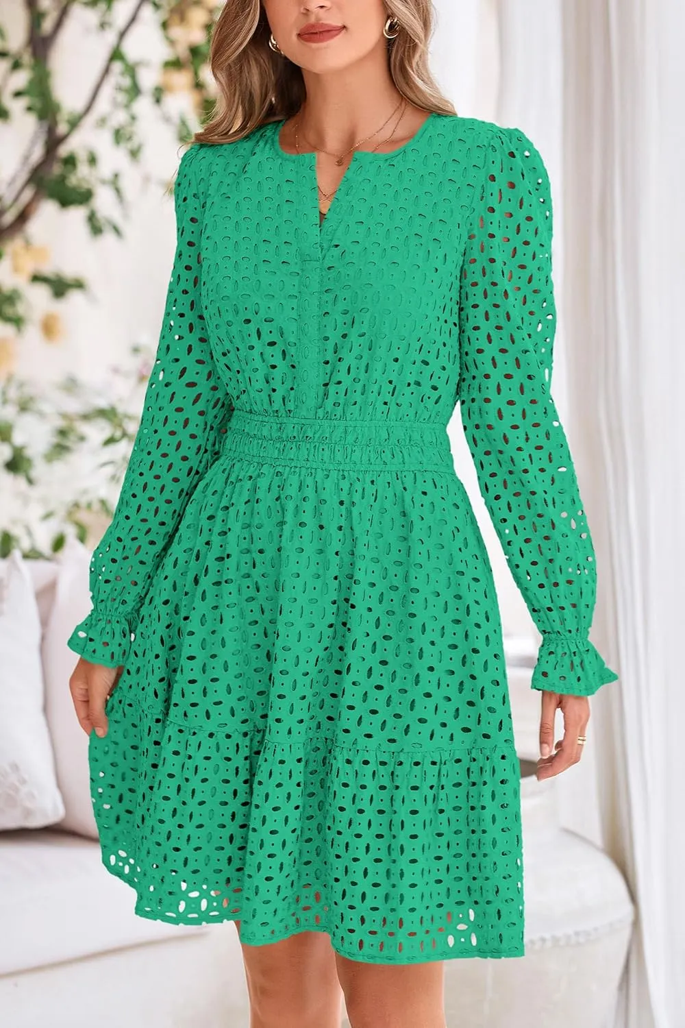 PRETTYGARDEN Women's 2025 Long Sleeve Mini Dress Eyelet V Neck A Line Casual Elegant Holiday Wedding Guest Party Dresses