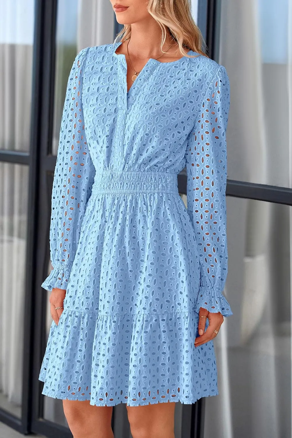PRETTYGARDEN Women's 2025 Long Sleeve Mini Dress Eyelet V Neck A Line Casual Elegant Holiday Wedding Guest Party Dresses