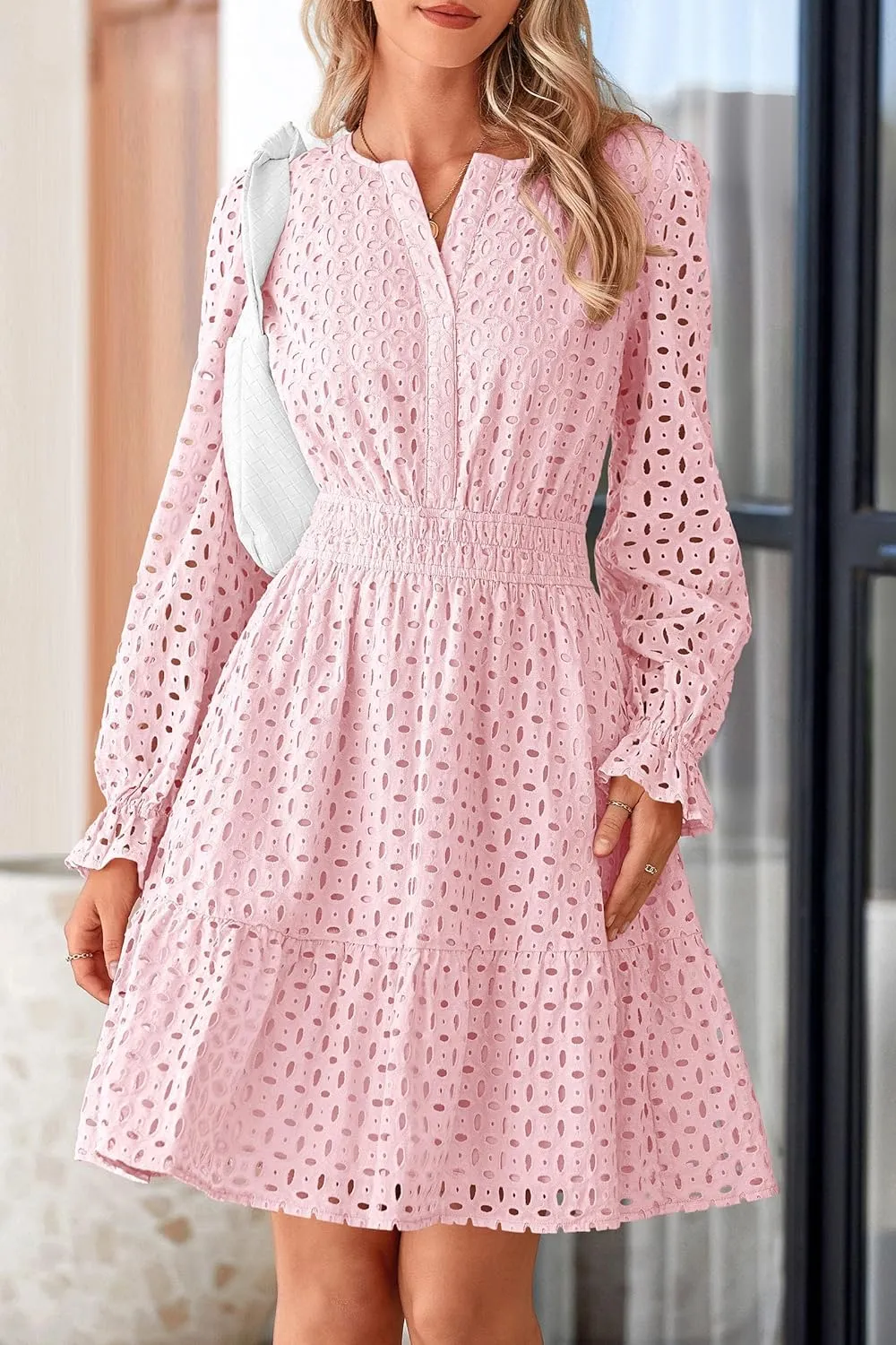 PRETTYGARDEN Women's 2025 Long Sleeve Mini Dress Eyelet V Neck A Line Casual Elegant Holiday Wedding Guest Party Dresses