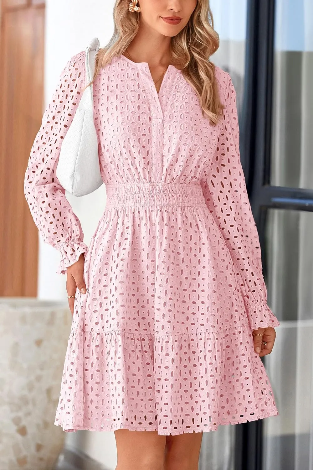 PRETTYGARDEN Women's 2025 Long Sleeve Mini Dress Eyelet V Neck A Line Casual Elegant Holiday Wedding Guest Party Dresses
