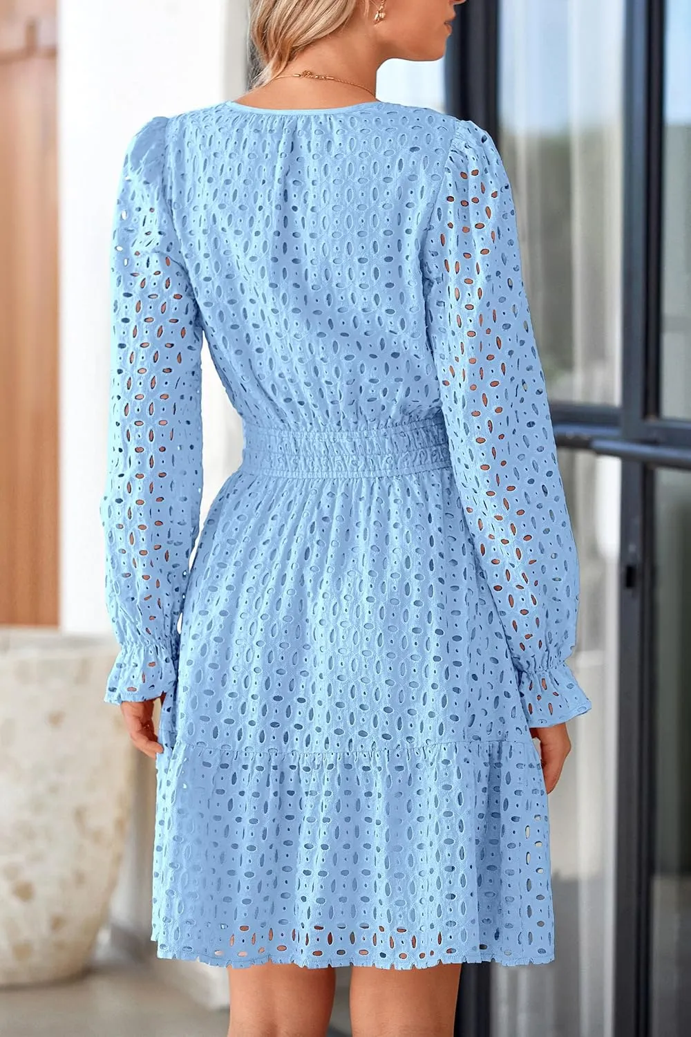 PRETTYGARDEN Women's 2025 Long Sleeve Mini Dress Eyelet V Neck A Line Casual Elegant Holiday Wedding Guest Party Dresses