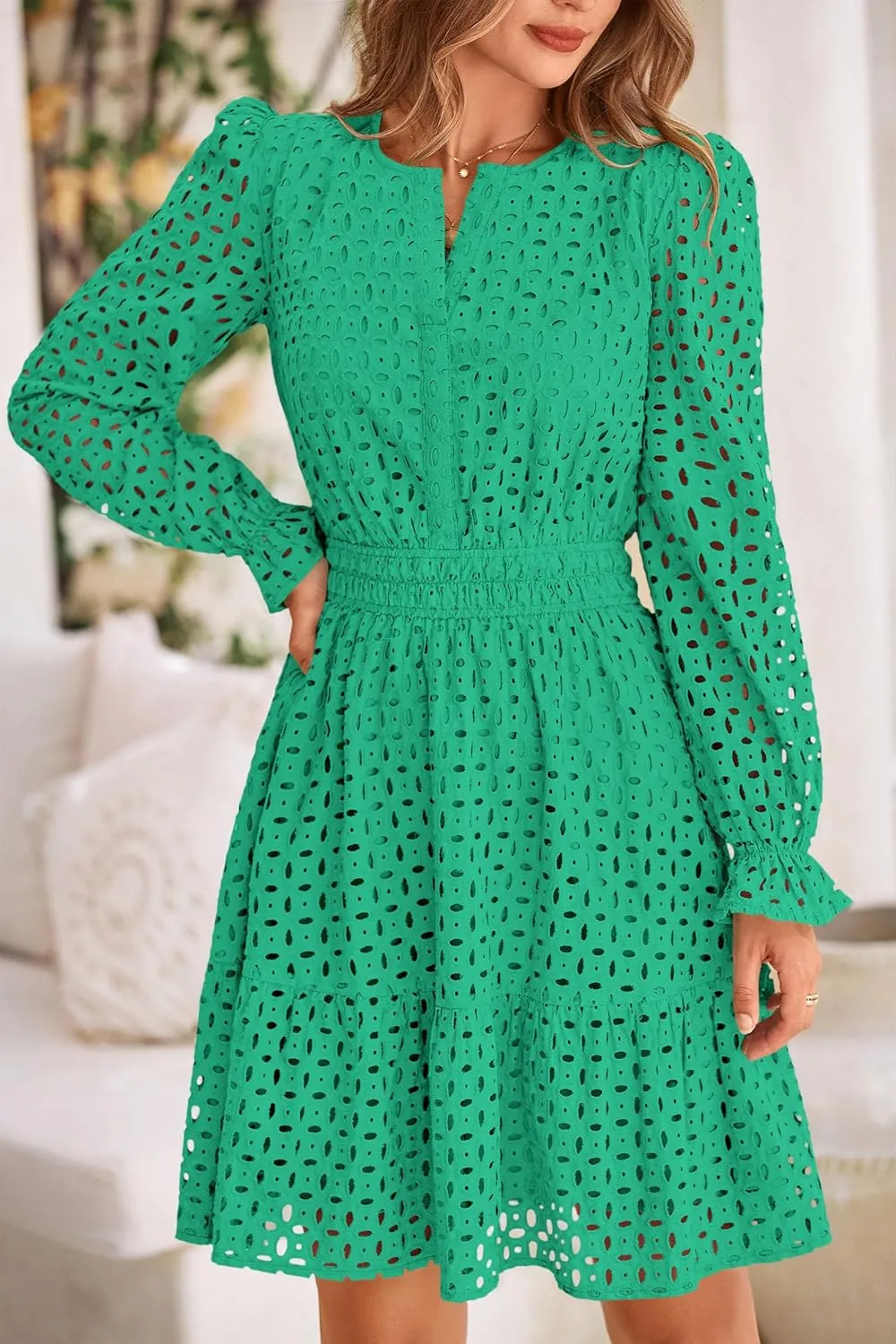 PRETTYGARDEN Women's 2025 Long Sleeve Mini Dress Eyelet V Neck A Line Casual Elegant Holiday Wedding Guest Party Dresses
