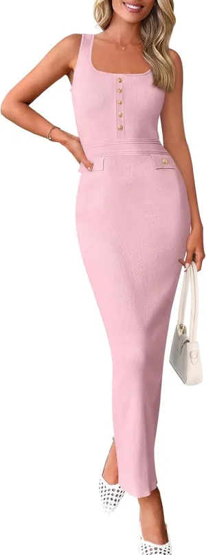 PRETTYGARDEN Women's 2025 Summer Bodycon Maxi Dresses Sleeveless Buttons Knit Spring Elegant Wedding Guest Cocktail Dress