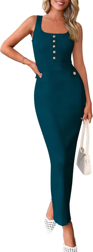 PRETTYGARDEN Women's 2025 Summer Bodycon Maxi Dresses Sleeveless Buttons Knit Spring Elegant Wedding Guest Cocktail Dress
