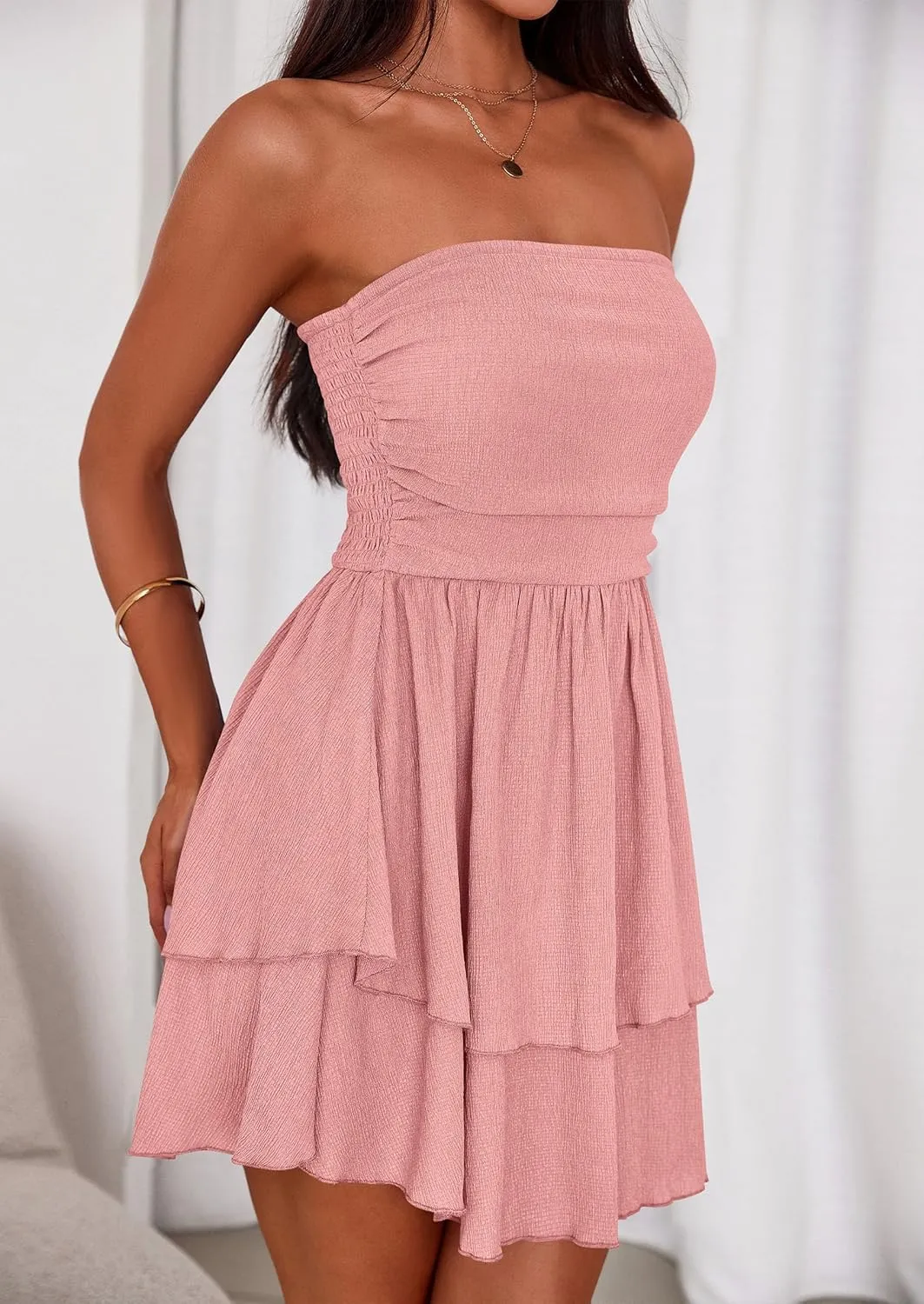 PRETTYGARDEN Women's 2025 Summer Strapless Tube Mini Dress Off Shoulder Smocked Ruffle A Line Flowy Short Party Club Dresses