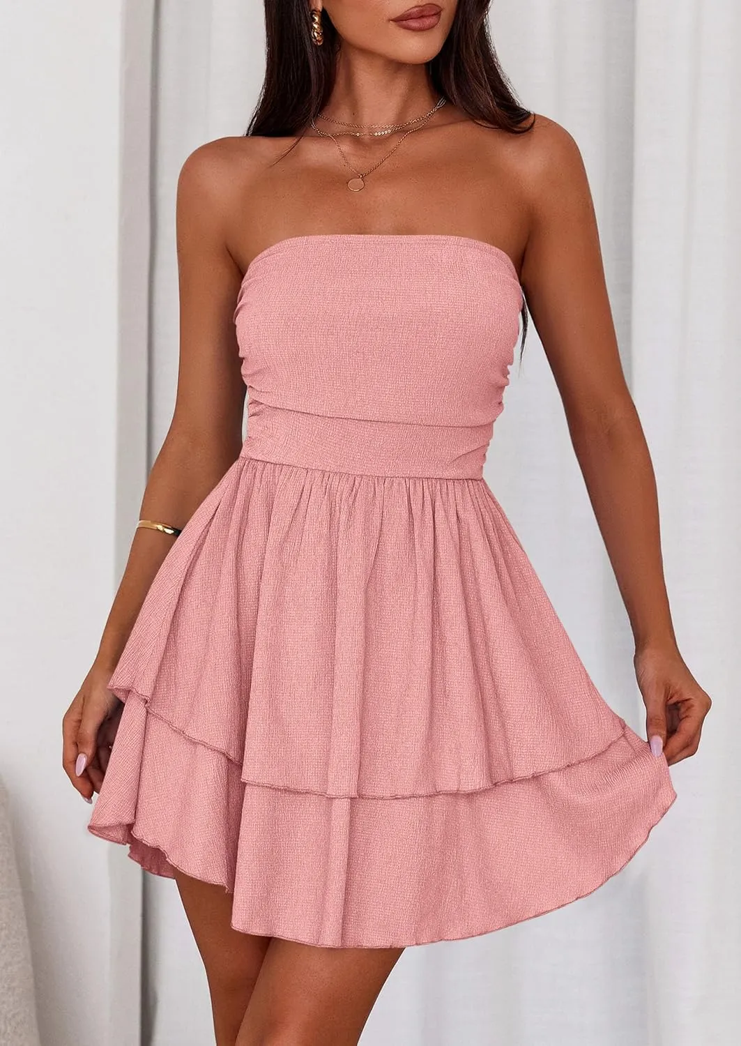 PRETTYGARDEN Women's 2025 Summer Strapless Tube Mini Dress Off Shoulder Smocked Ruffle A Line Flowy Short Party Club Dresses