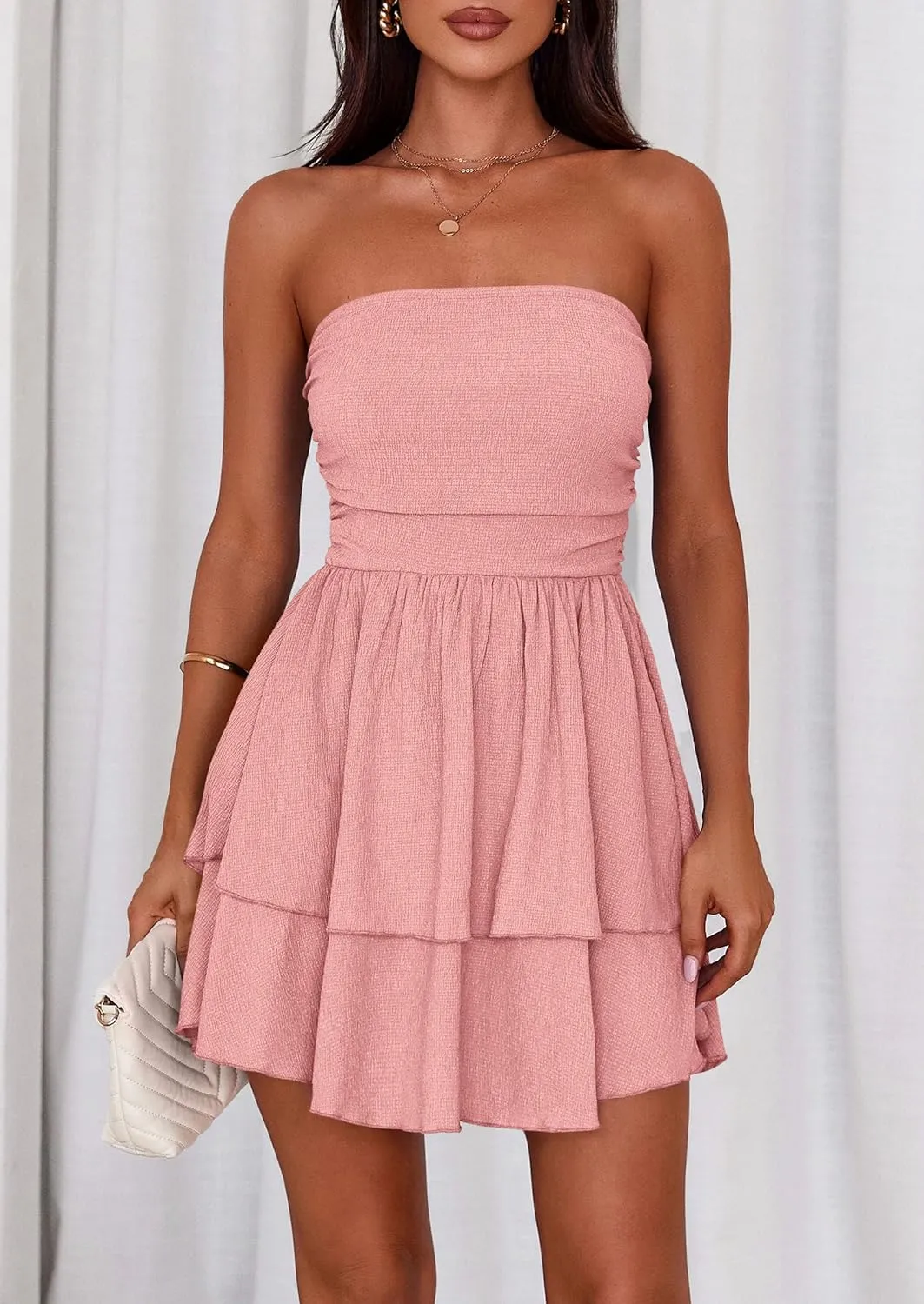 PRETTYGARDEN Women's 2025 Summer Strapless Tube Mini Dress Off Shoulder Smocked Ruffle A Line Flowy Short Party Club Dresses