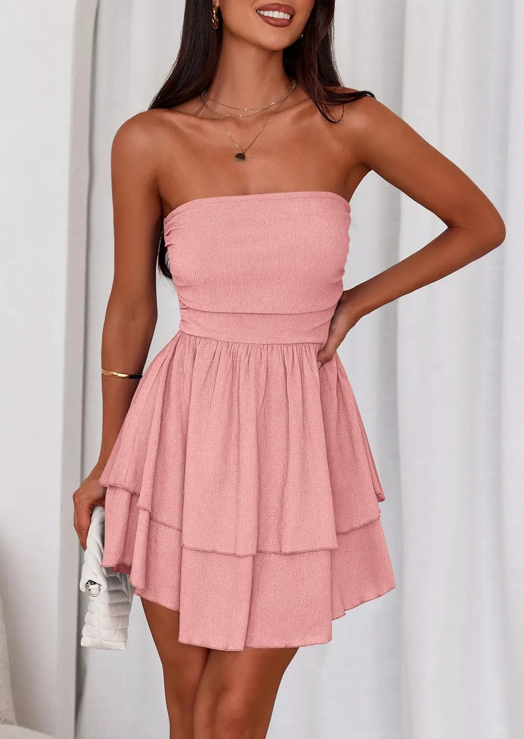 PRETTYGARDEN Women's 2025 Summer Strapless Tube Mini Dress Off Shoulder Smocked Ruffle A Line Flowy Short Party Club Dresses