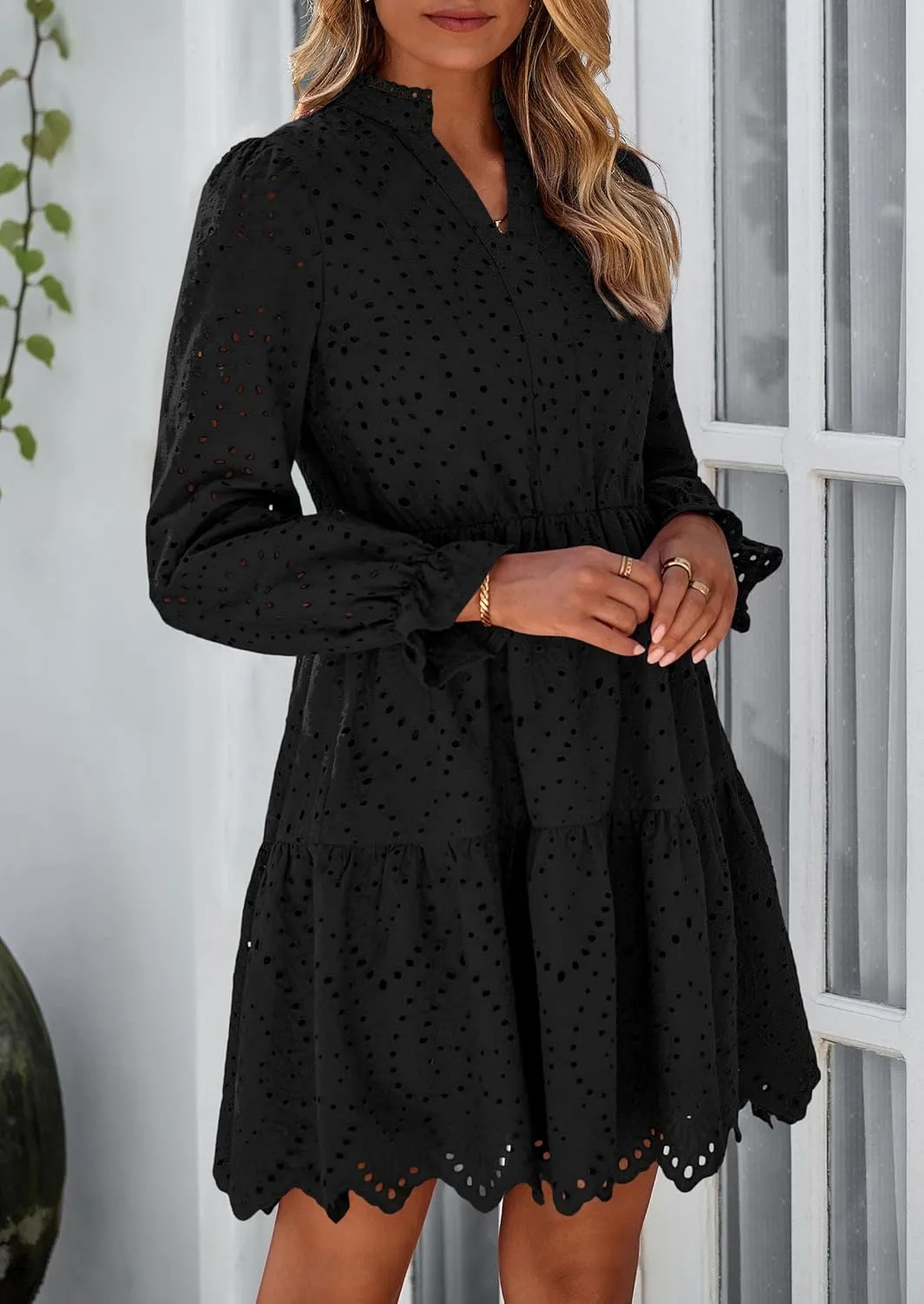 PRETTYGARDEN Women's Spring 2025 Long Puff Sleeve Mini Dress Hollow Out Lace V Neck A Line Ruffle Casual Party Dresses