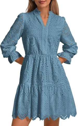 PRETTYGARDEN Women's Spring 2025 Long Puff Sleeve Mini Dress Hollow Out Lace V Neck A Line Ruffle Casual Party Dresses