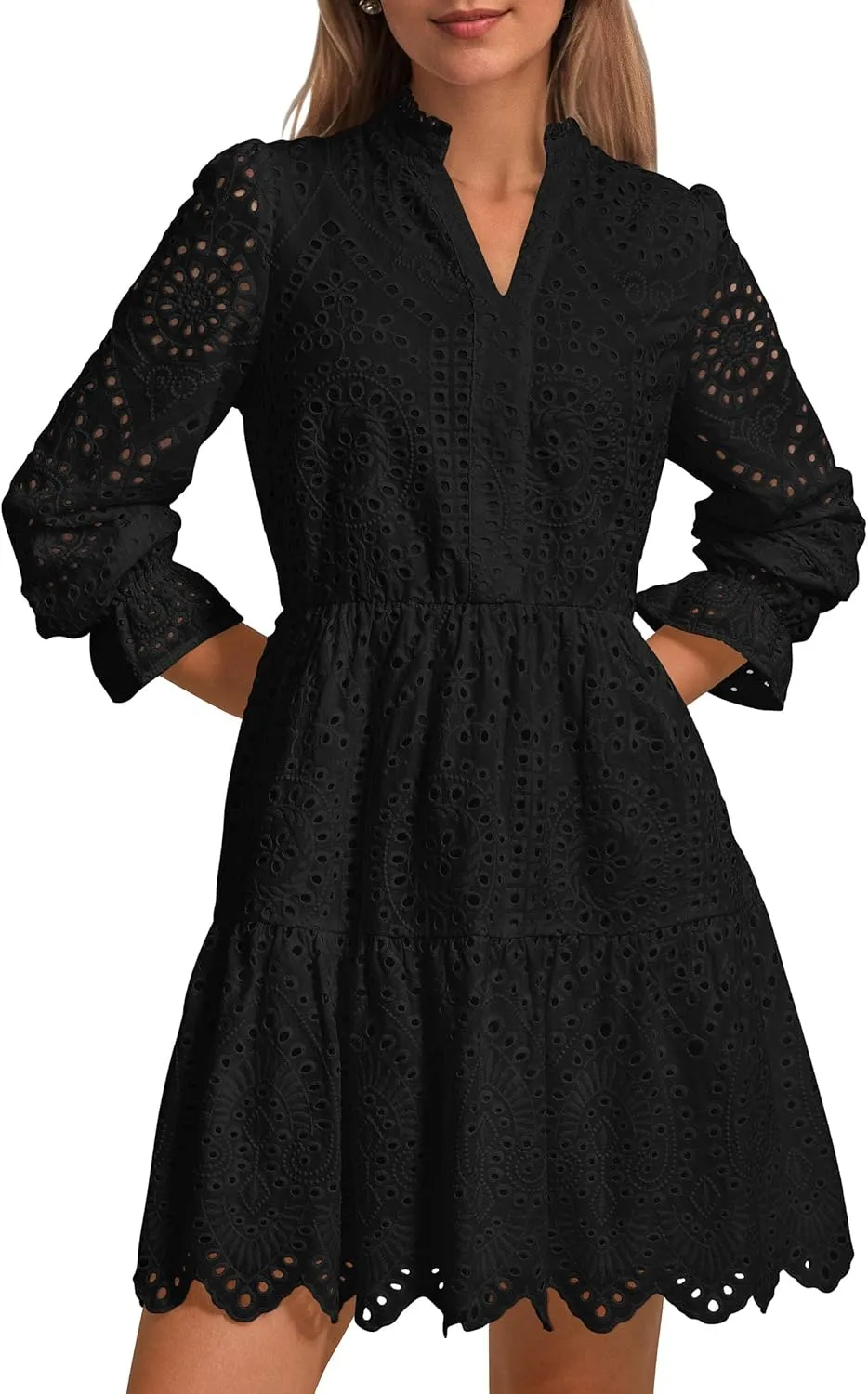PRETTYGARDEN Women's Spring 2025 Long Puff Sleeve Mini Dress Hollow Out Lace V Neck A Line Ruffle Casual Party Dresses