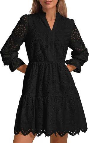 PRETTYGARDEN Women's Spring 2025 Long Puff Sleeve Mini Dress Hollow Out Lace V Neck A Line Ruffle Casual Party Dresses