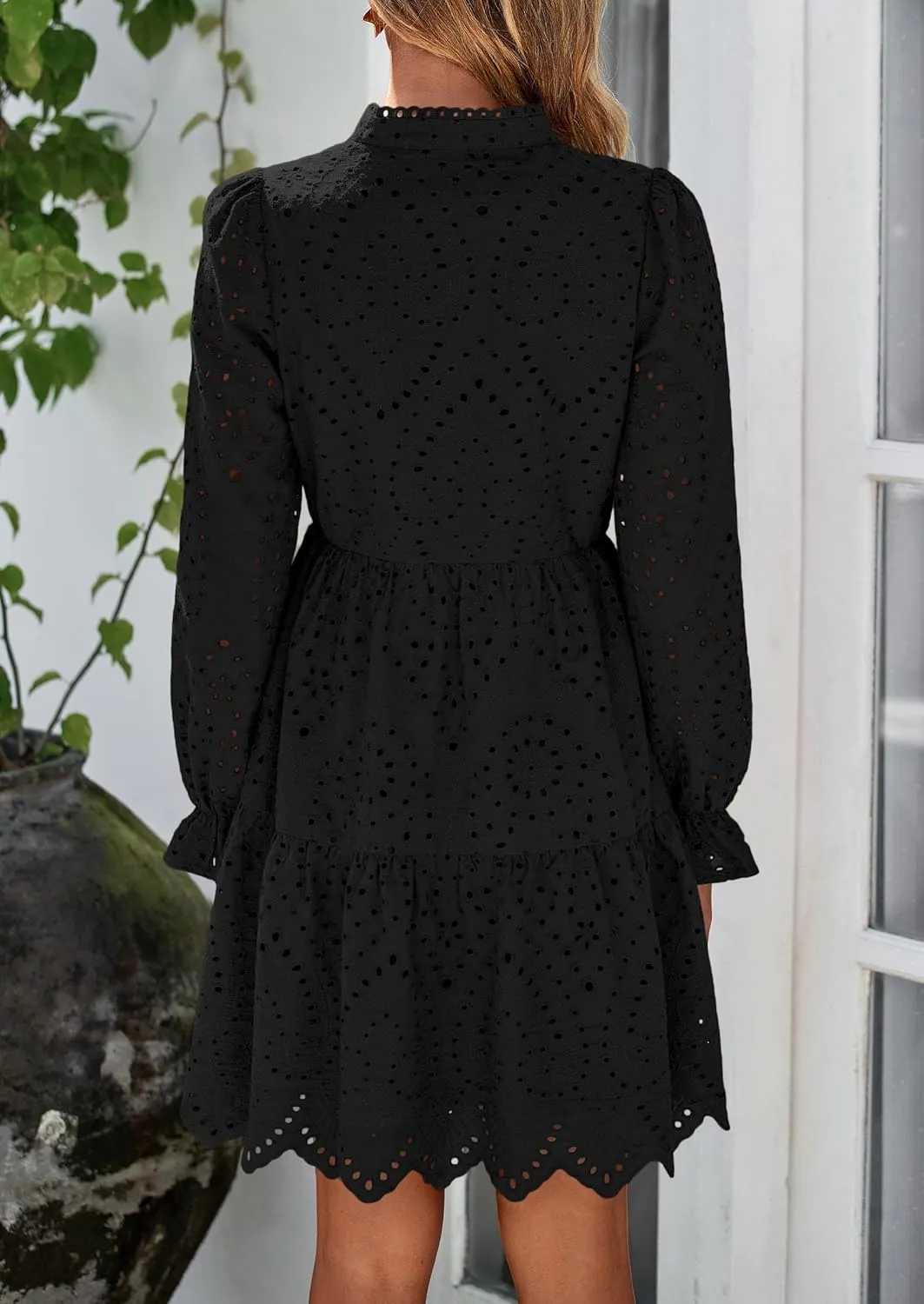 PRETTYGARDEN Women's Spring 2025 Long Puff Sleeve Mini Dress Hollow Out Lace V Neck A Line Ruffle Casual Party Dresses