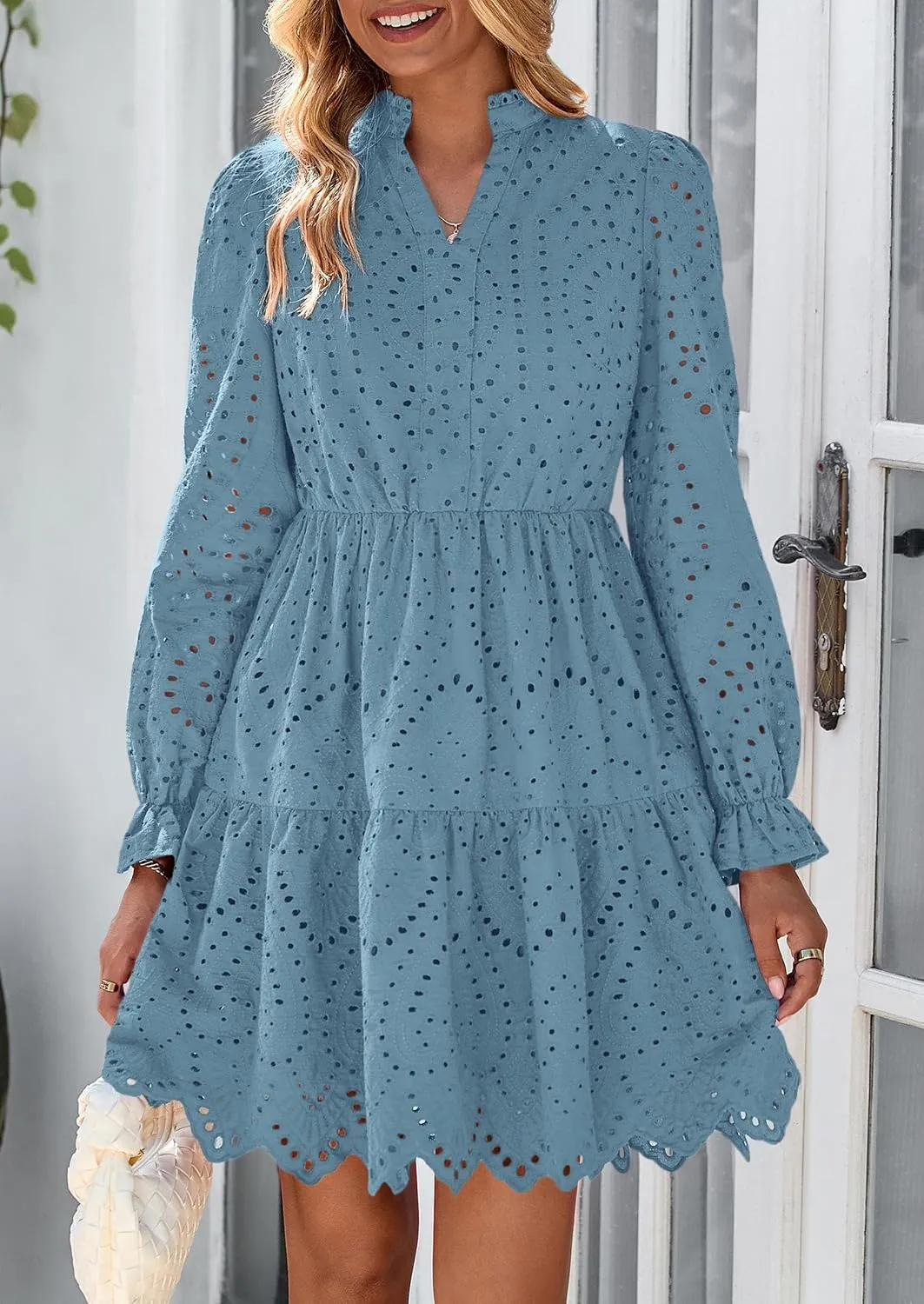 PRETTYGARDEN Women's Spring 2025 Long Puff Sleeve Mini Dress Hollow Out Lace V Neck A Line Ruffle Casual Party Dresses