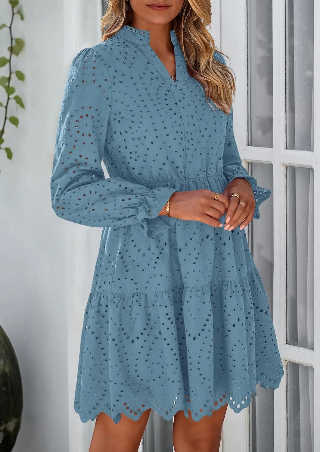 PRETTYGARDEN Women's Spring 2025 Long Puff Sleeve Mini Dress Hollow Out Lace V Neck A Line Ruffle Casual Party Dresses