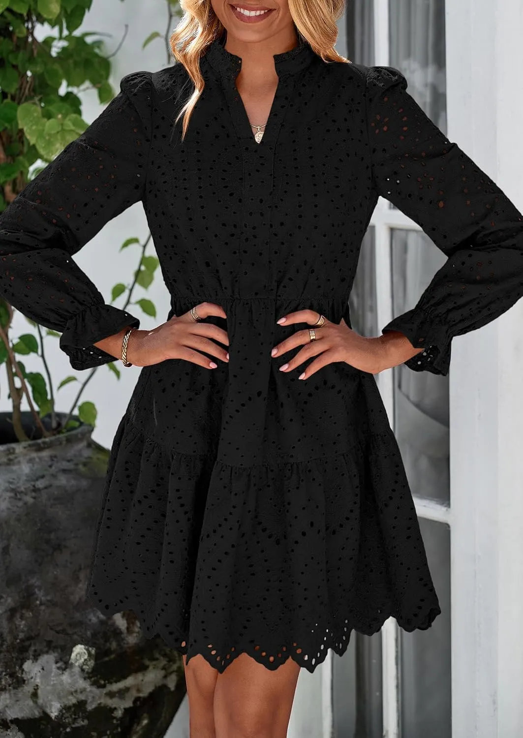 PRETTYGARDEN Women's Spring 2025 Long Puff Sleeve Mini Dress Hollow Out Lace V Neck A Line Ruffle Casual Party Dresses