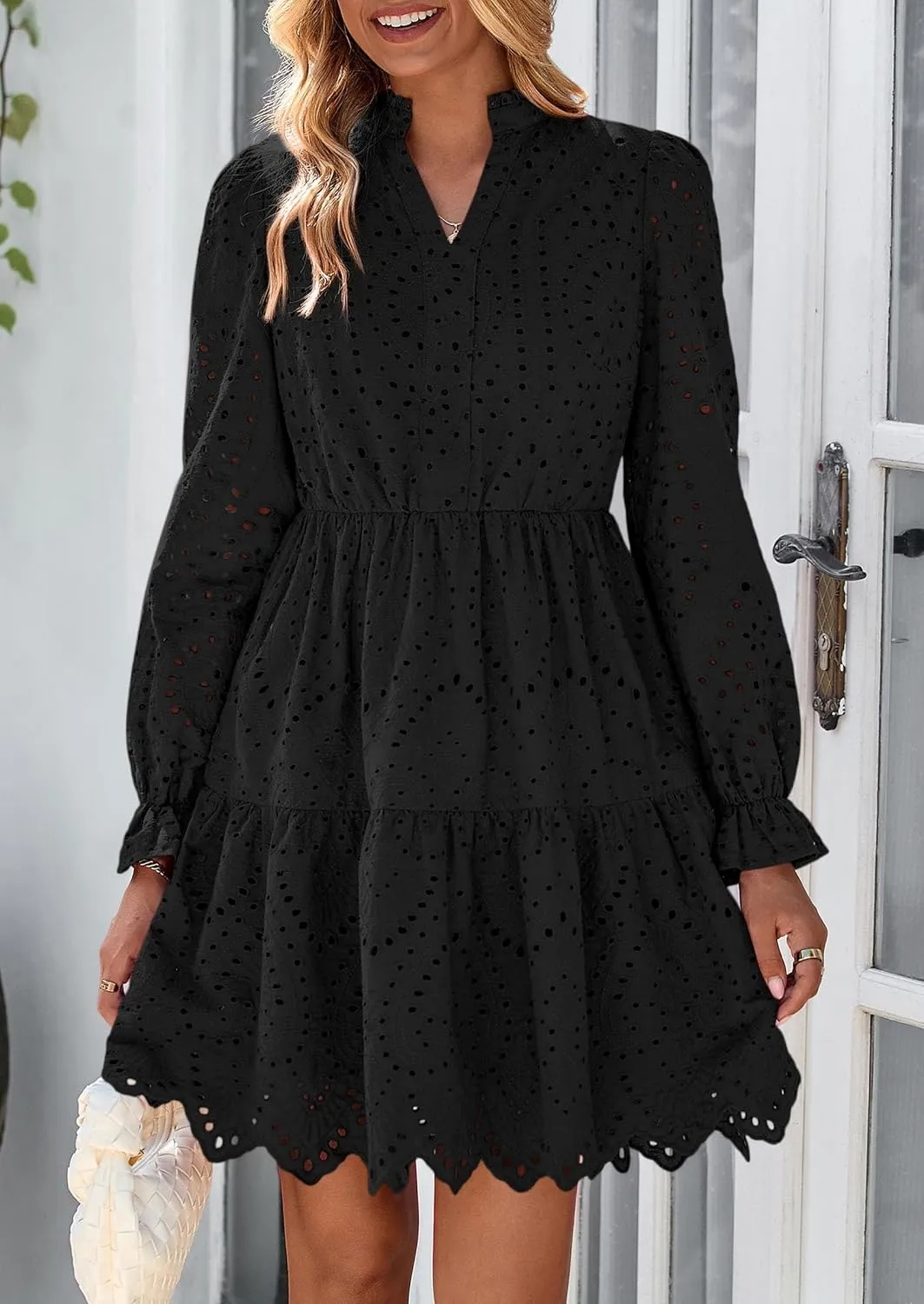 PRETTYGARDEN Women's Spring 2025 Long Puff Sleeve Mini Dress Hollow Out Lace V Neck A Line Ruffle Casual Party Dresses