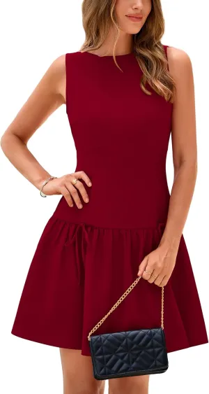 PRETTYGARDEN Womens Summer Dresses 2025 Cute Sleeveless Boat Neck Bowknot Ruffle Pleated A Line Flowy Zipper Mini Dress