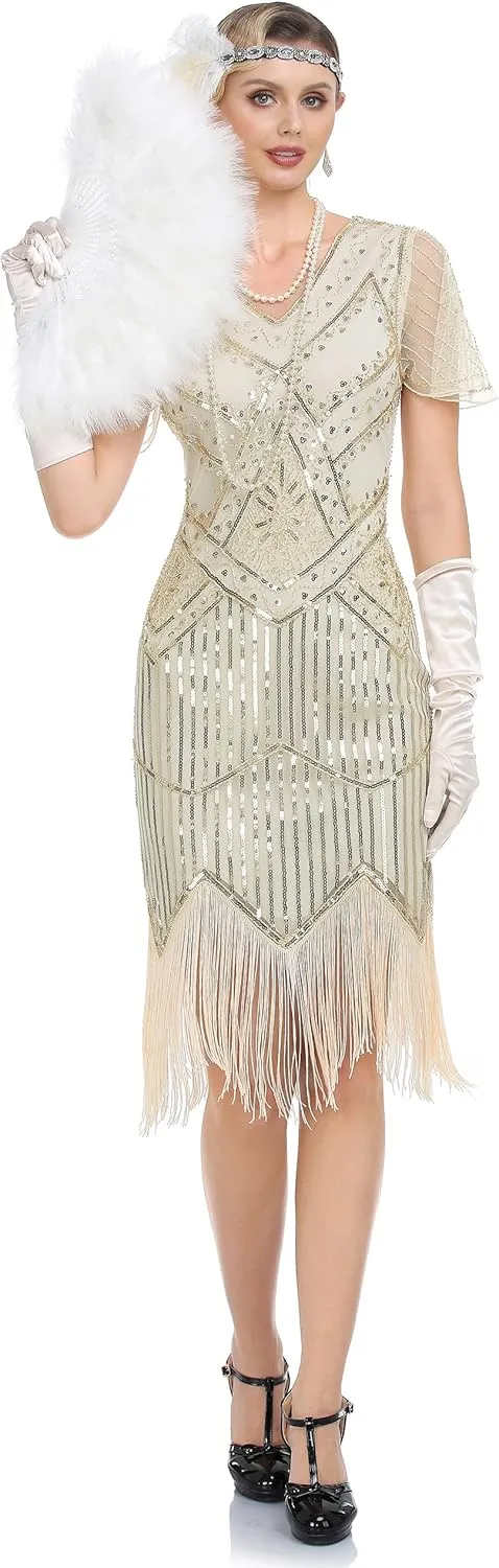 PrettyGuide Women's 1920s Flapper Dress Short Sleeve Glitter Sequin Inspired Fringed Party Cocktail Dresses