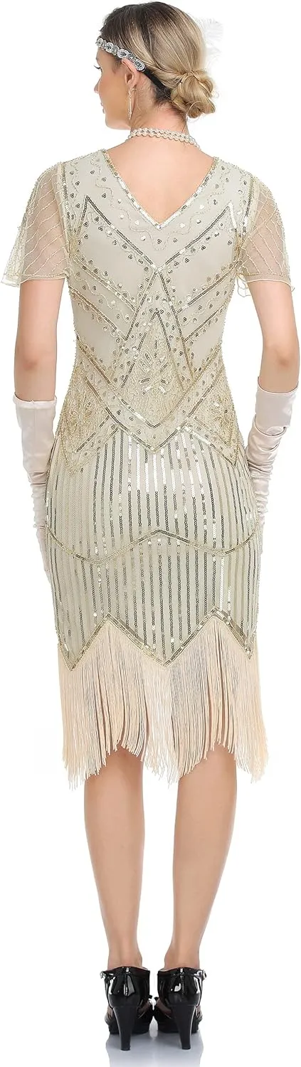 PrettyGuide Women's 1920s Flapper Dress Short Sleeve Glitter Sequin Inspired Fringed Party Cocktail Dresses