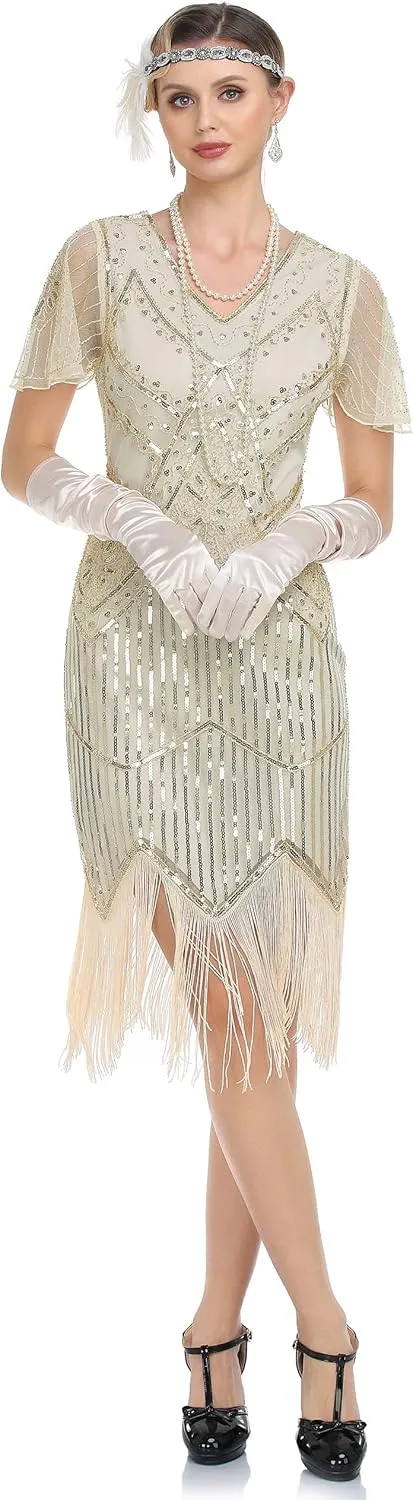 PrettyGuide Women's 1920s Flapper Dress Short Sleeve Glitter Sequin Inspired Fringed Party Cocktail Dresses