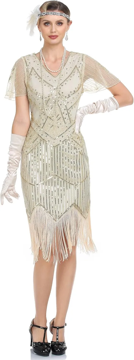 PrettyGuide Women's 1920s Flapper Dress Short Sleeve Glitter Sequin Inspired Fringed Party Cocktail Dresses