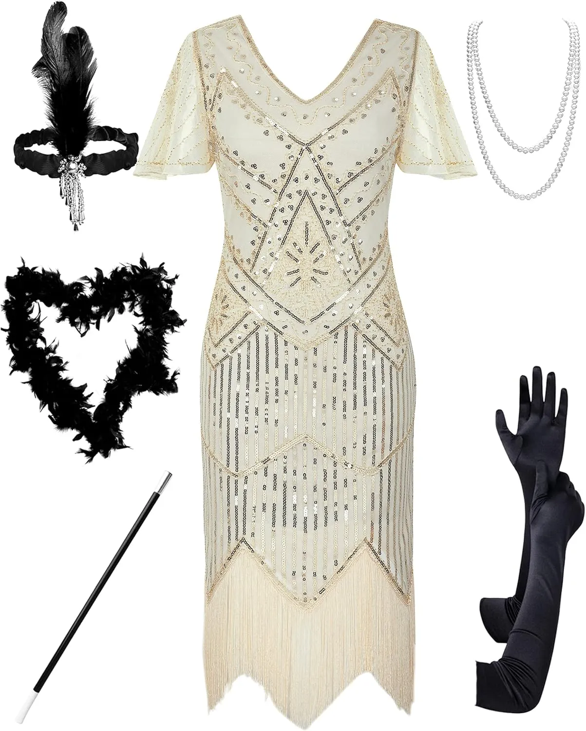 PrettyGuide Women's 1920s Flapper Dress Short Sleeve Glitter Sequin Inspired Fringed Party Cocktail Dresses