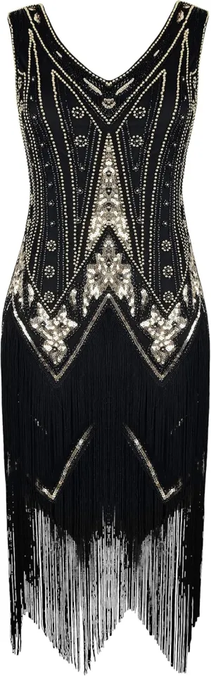 PrettyGuide Women's Flapper Dresses Sequin Pearl Fringe Dress V Neck 1920s Dress Art Deco Great Gatsby Dress