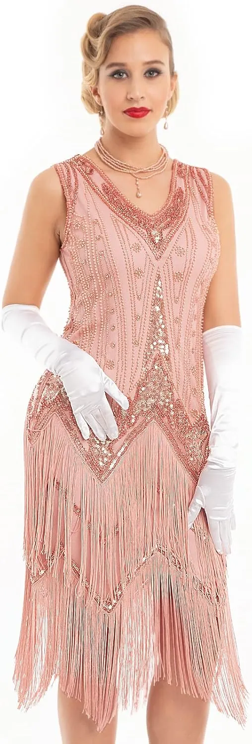 PrettyGuide Women's Flapper Dresses Sequin Pearl Fringe Dress V Neck 1920s Dress Art Deco Great Gatsby Dress