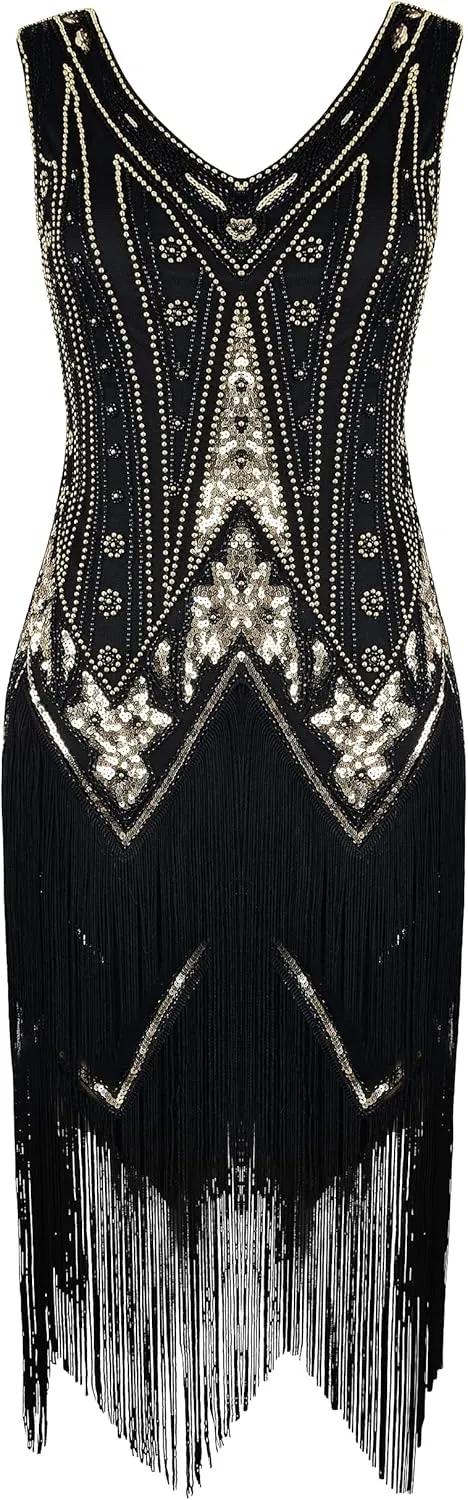 PrettyGuide Women's Flapper Dresses Sequin Pearl Fringe Dress V Neck 1920s Dress Art Deco Great Gatsby Dress