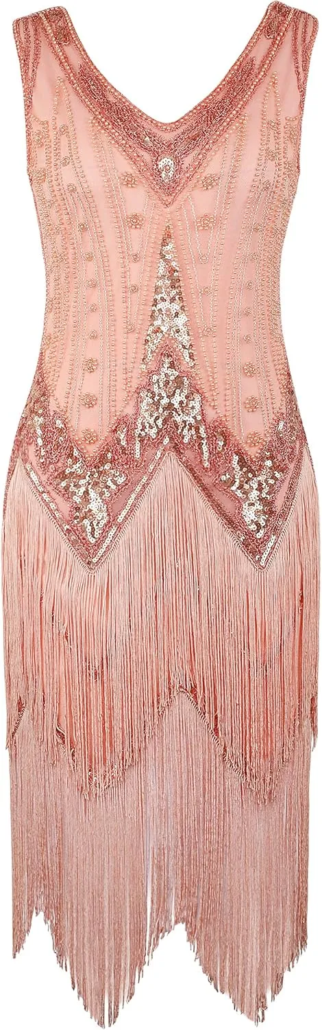 PrettyGuide Women's Flapper Dresses Sequin Pearl Fringe Dress V Neck 1920s Dress Art Deco Great Gatsby Dress
