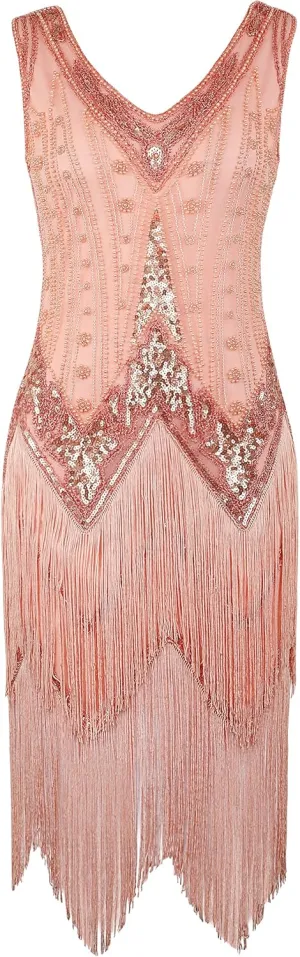 PrettyGuide Women's Flapper Dresses Sequin Pearl Fringe Dress V Neck 1920s Dress Art Deco Great Gatsby Dress