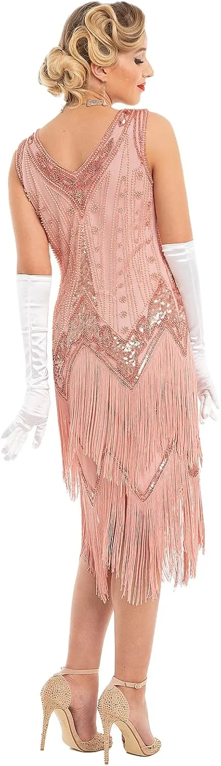 PrettyGuide Women's Flapper Dresses Sequin Pearl Fringe Dress V Neck 1920s Dress Art Deco Great Gatsby Dress