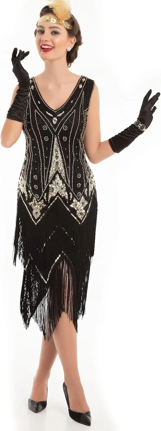 PrettyGuide Women's Flapper Dresses Sequin Pearl Fringe Dress V Neck 1920s Dress Art Deco Great Gatsby Dress