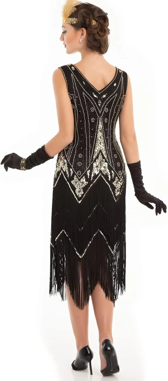 PrettyGuide Women's Flapper Dresses Sequin Pearl Fringe Dress V Neck 1920s Dress Art Deco Great Gatsby Dress