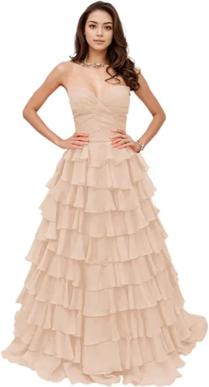 Prom Dresses Tiered Ruffles Evening Party Dress Strapless Chiffon A Line Sweetheart Long Party Gown for Women