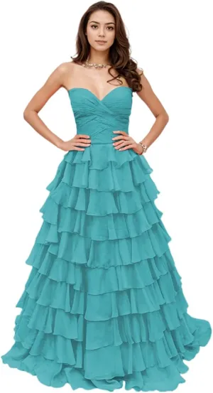 Prom Dresses Tiered Ruffles Evening Party Dress Strapless Chiffon A Line Sweetheart Long Party Gown for Women