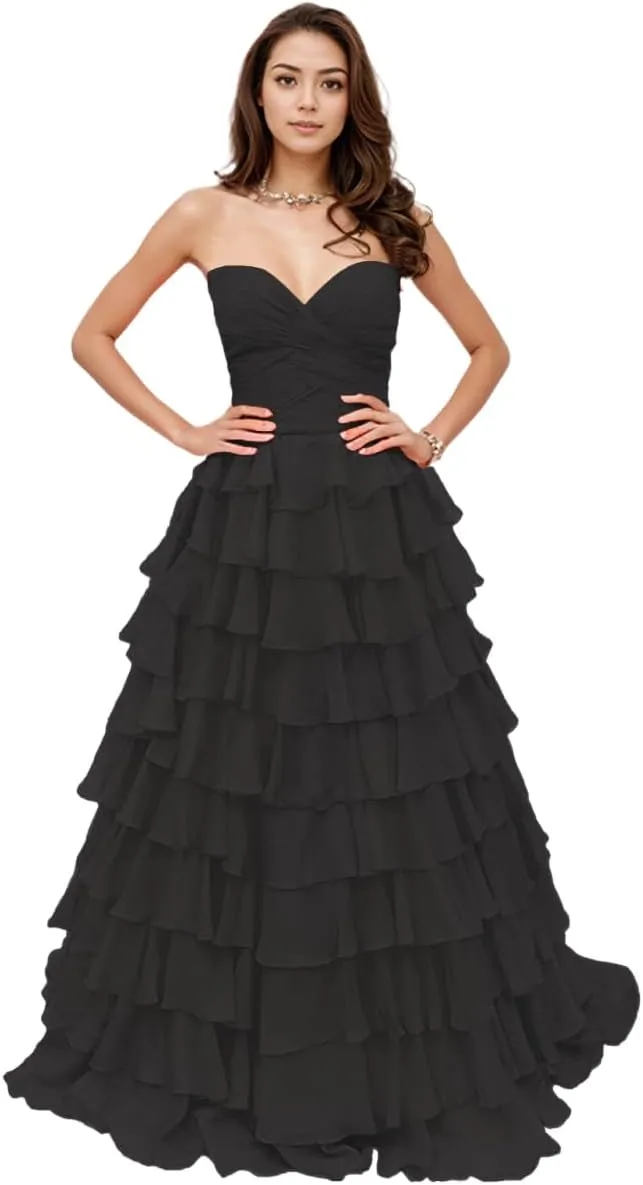 Prom Dresses Tiered Ruffles Evening Party Dress Strapless Chiffon A Line Sweetheart Long Party Gown for Women