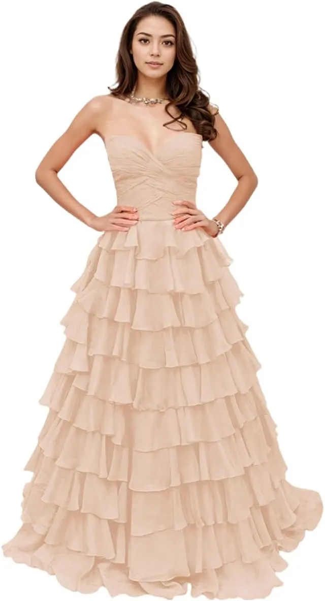 Prom Dresses Tiered Ruffles Evening Party Dress Strapless Chiffon A Line Sweetheart Long Party Gown for Women