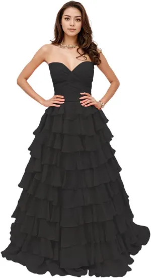 Prom Dresses Tiered Ruffles Evening Party Dress Strapless Chiffon A Line Sweetheart Long Party Gown for Women
