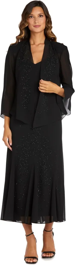 R&M Richards Womens Chiffon Beaded Dress with Jacket