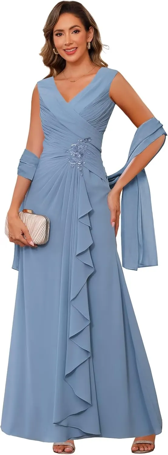 Raseal Chiffon Mother of The Bride Dresses for Wedding Sleeveless Long Ruched Applique Formal Dress RS163