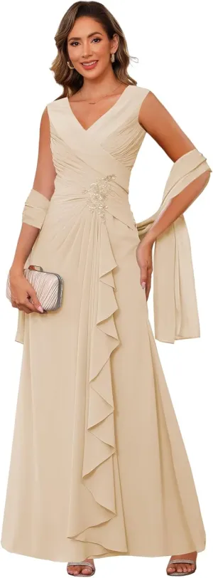 Raseal Chiffon Mother of The Bride Dresses for Wedding Sleeveless Long Ruched Applique Formal Dress RS163