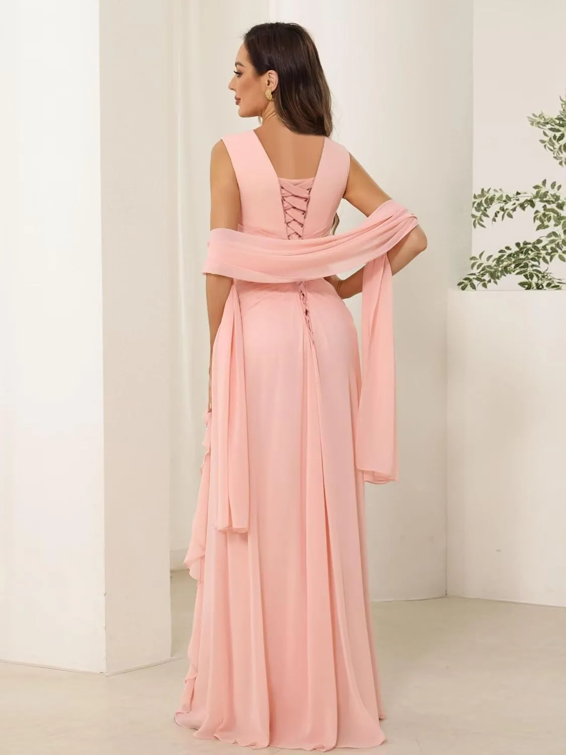 Raseal Chiffon Mother of The Bride Dresses for Wedding Sleeveless Long Ruched Applique Formal Dress RS163