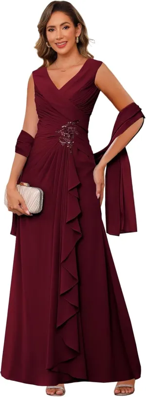Raseal Chiffon Mother of The Bride Dresses for Wedding Sleeveless Long Ruched Applique Formal Dress RS163
