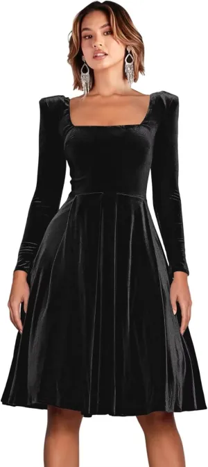 RSOETOO Velvet Long Sleeves Cocktail Party Evening Dresses Square Neck Pleated Midi Formal Dresses RO214