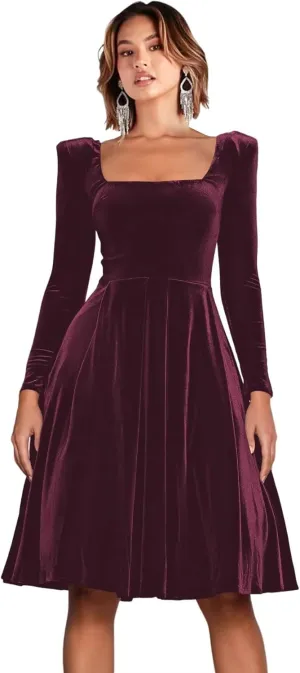 RSOETOO Velvet Long Sleeves Cocktail Party Evening Dresses Square Neck Pleated Midi Formal Dresses RO214