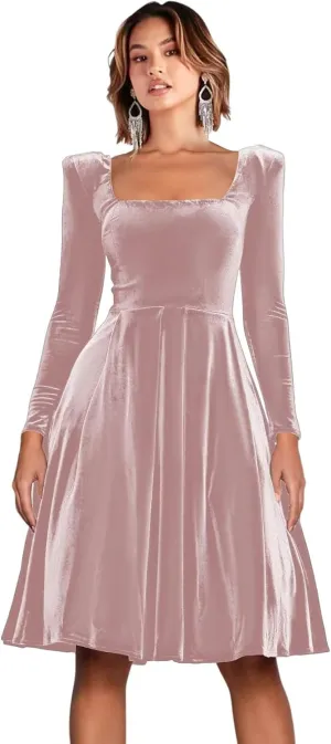 RSOETOO Velvet Long Sleeves Cocktail Party Evening Dresses Square Neck Pleated Midi Formal Dresses RO214