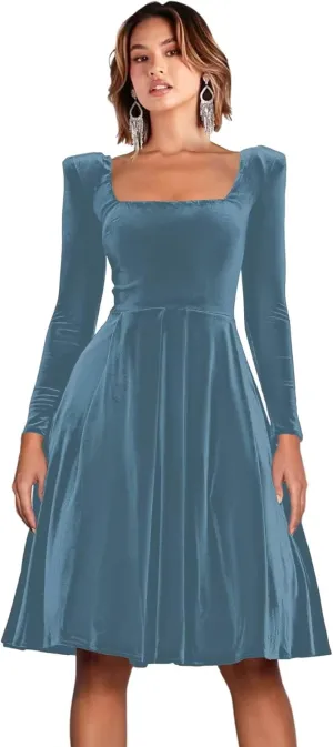 RSOETOO Velvet Long Sleeves Cocktail Party Evening Dresses Square Neck Pleated Midi Formal Dresses RO214